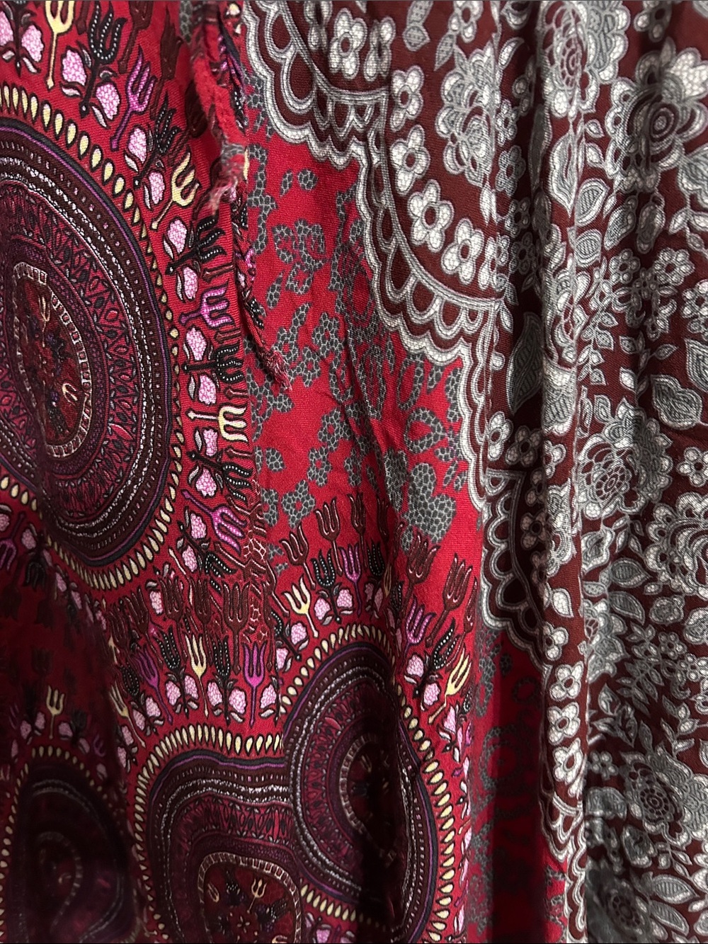Tie-Waist & Elastic Burgundy Patterned Maxi Skirt Boho Style Youth Small - Picture 5 of 8